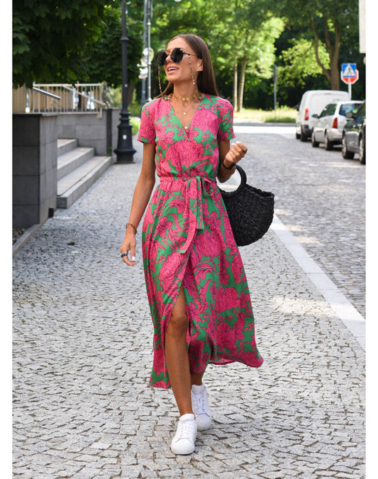 Women's Wedding Guest Floral V Neck Midi Wrap Dress