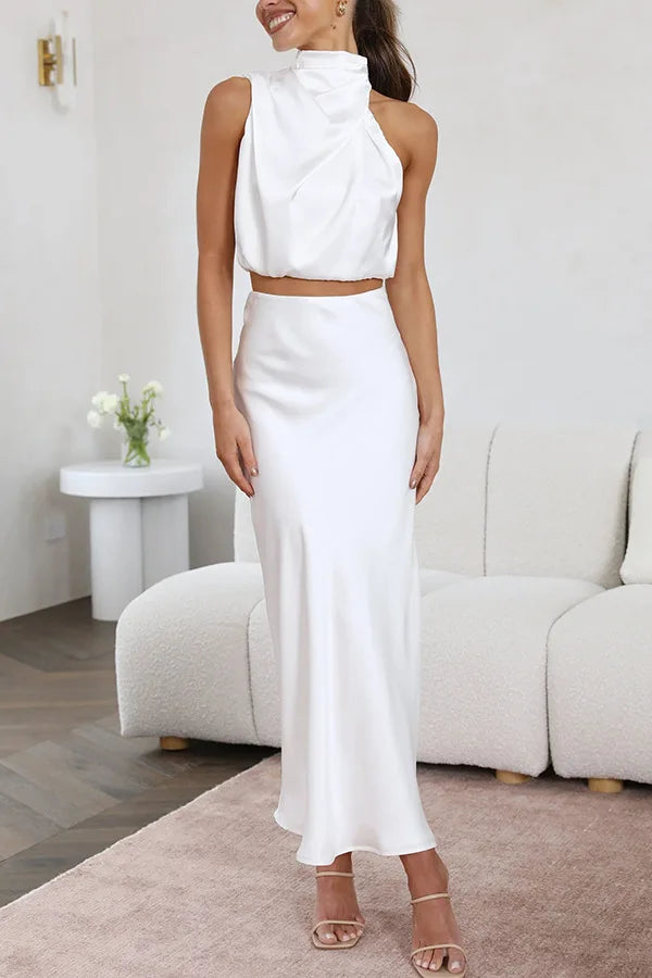 Women's Wedding Guest Satin Sleeveless Maxi Skirt Set