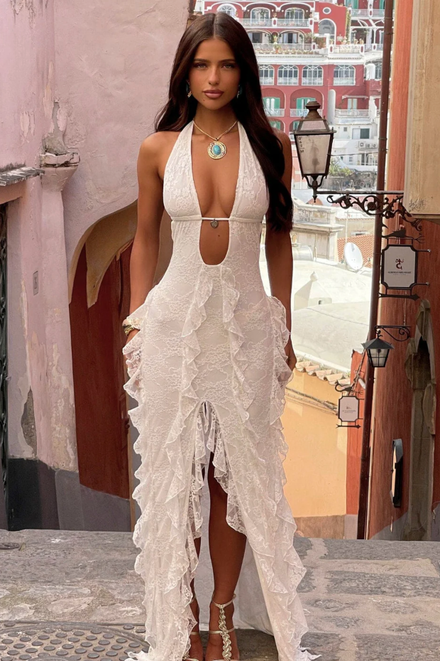 Women's Wedding Guest Lace Halter Maxi Dress With Cutout