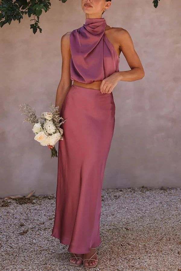 Women's Wedding Guest Satin Sleeveless Maxi Skirt Set