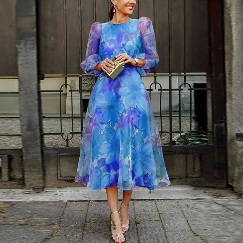 Women's Wedding Guest Floral Long Sleeve Midi Dress
