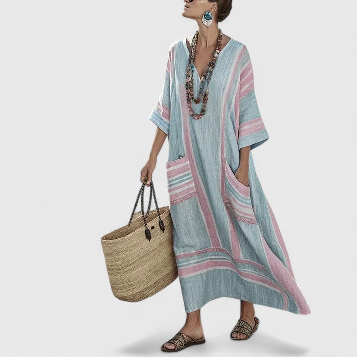 Women's Summer Boho V Neck Maxi Dress With Pockets
