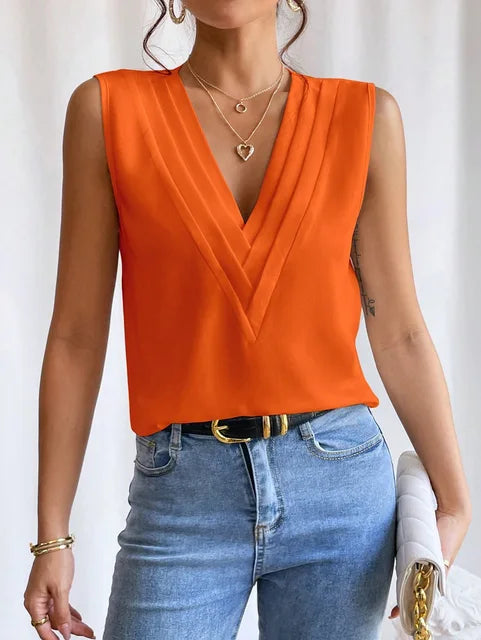 Women's Workwear V Neck Sleeveless Wrap Blouse Top
