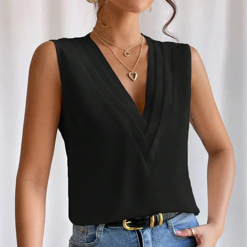 Women's Workwear V Neck Sleeveless Wrap Blouse Top