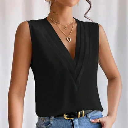 Women's Workwear V Neck Sleeveless Wrap Blouse Top