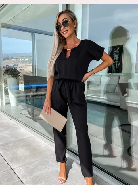 Women's Cocktail V Neck Short Sleeve Ankle Jumpsuit