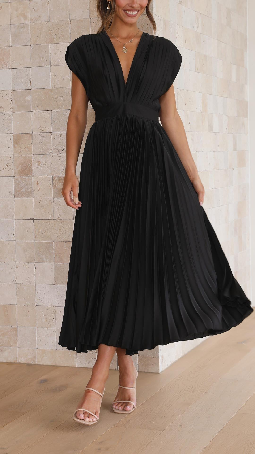 Women's Wedding Guest Pleated V Neck Midi Dress
