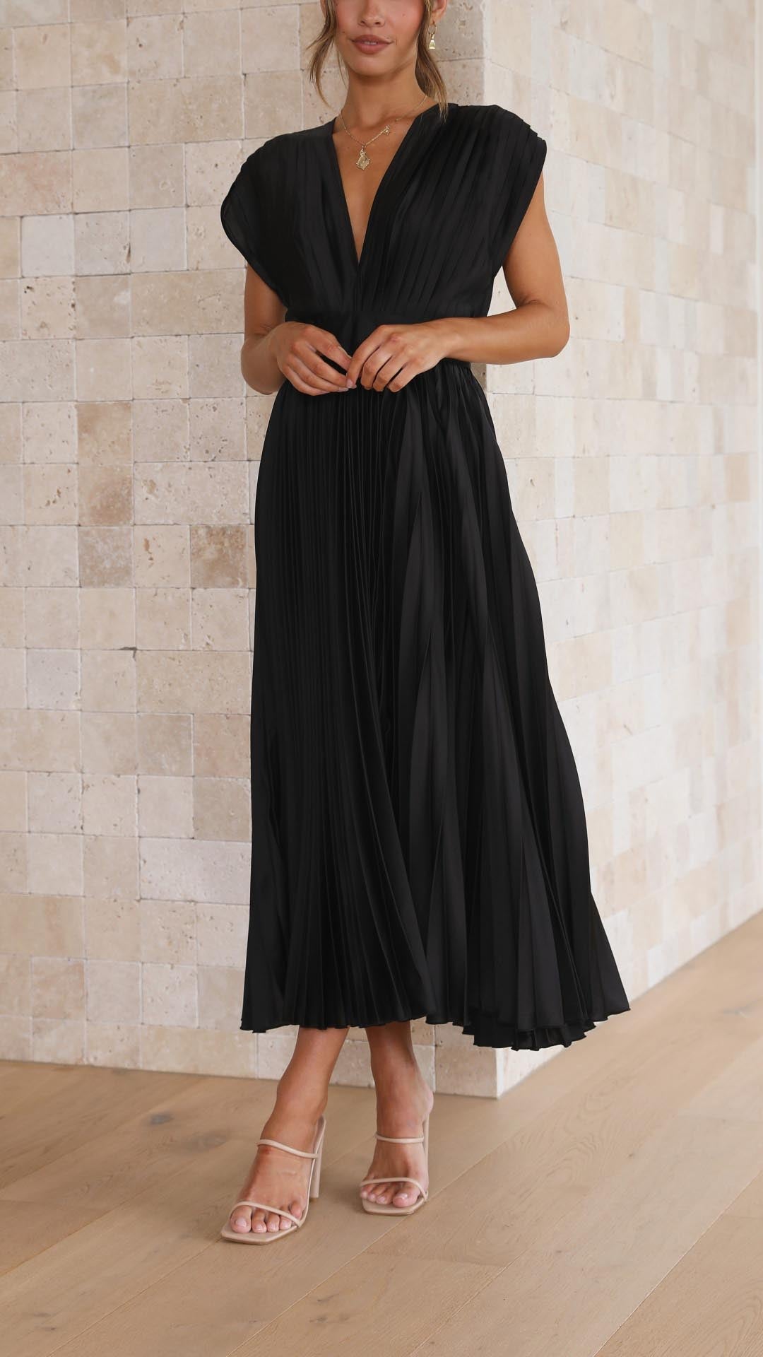 Women's Wedding Guest Pleated V Neck Midi Dress