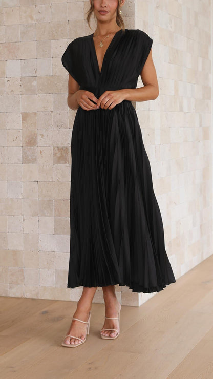 Women's Wedding Guest Pleated V Neck Midi Dress
