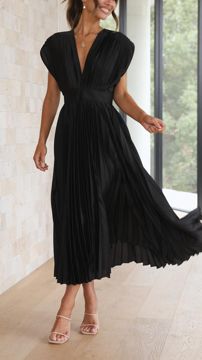 Women's Wedding Guest Pleated V Neck Midi Dress