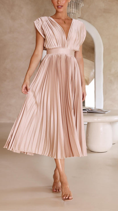 Women's Wedding Guest Pleated V Neck Midi Dress