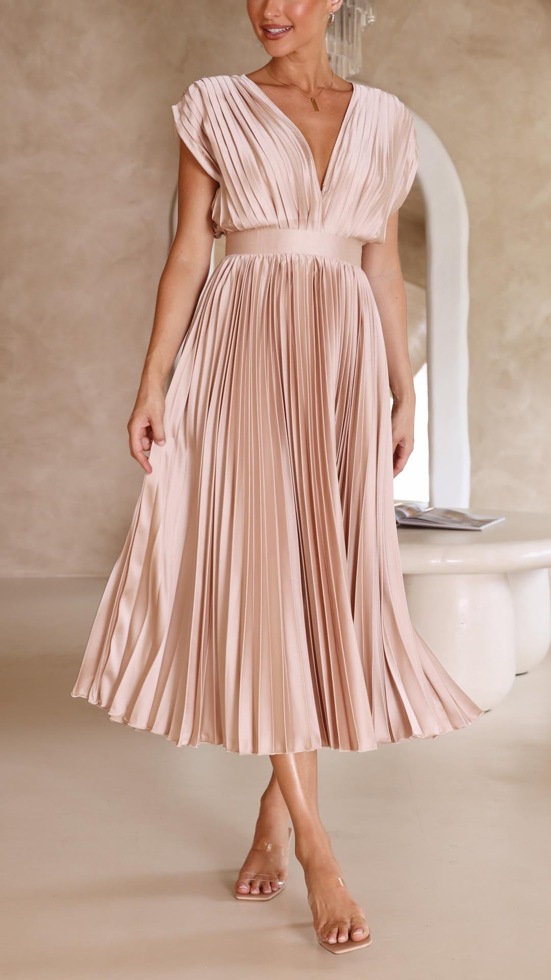 Women's Wedding Guest Pleated V Neck Midi Dress