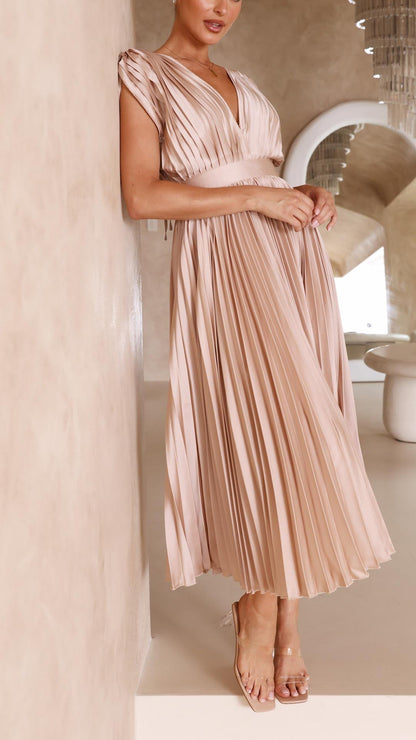 Women's Wedding Guest Pleated V Neck Midi Dress