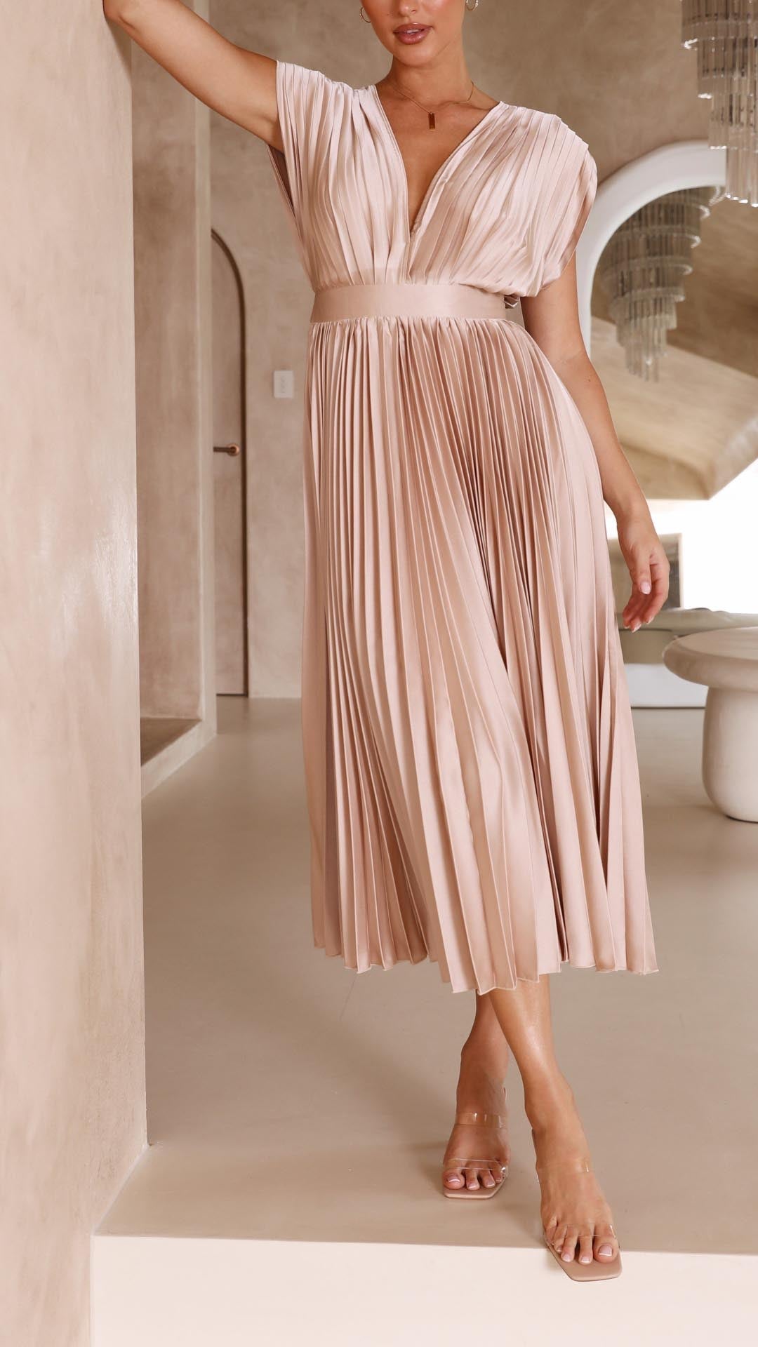 Women's Wedding Guest Pleated V Neck Midi Dress