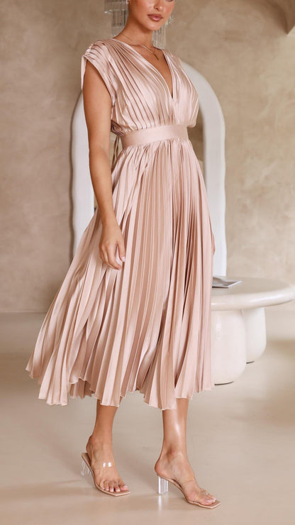 Women's Wedding Guest Pleated V Neck Midi Dress