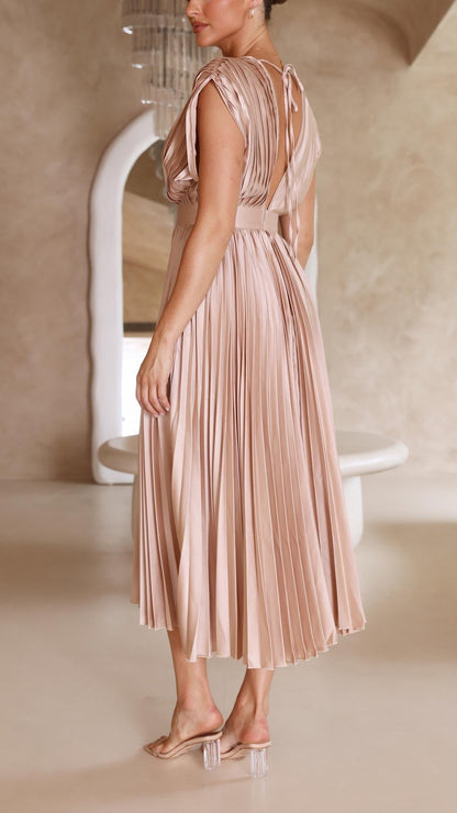 Women's Wedding Guest Pleated V Neck Midi Dress