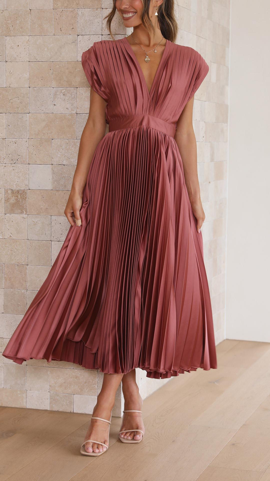 Women's Wedding Guest Pleated V Neck Midi Dress