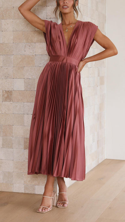 Women's Wedding Guest Pleated V Neck Midi Dress