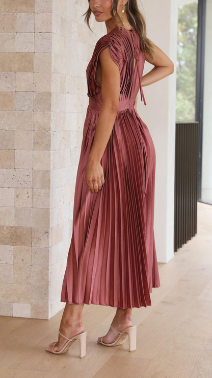 Women's Wedding Guest Pleated V Neck Midi Dress