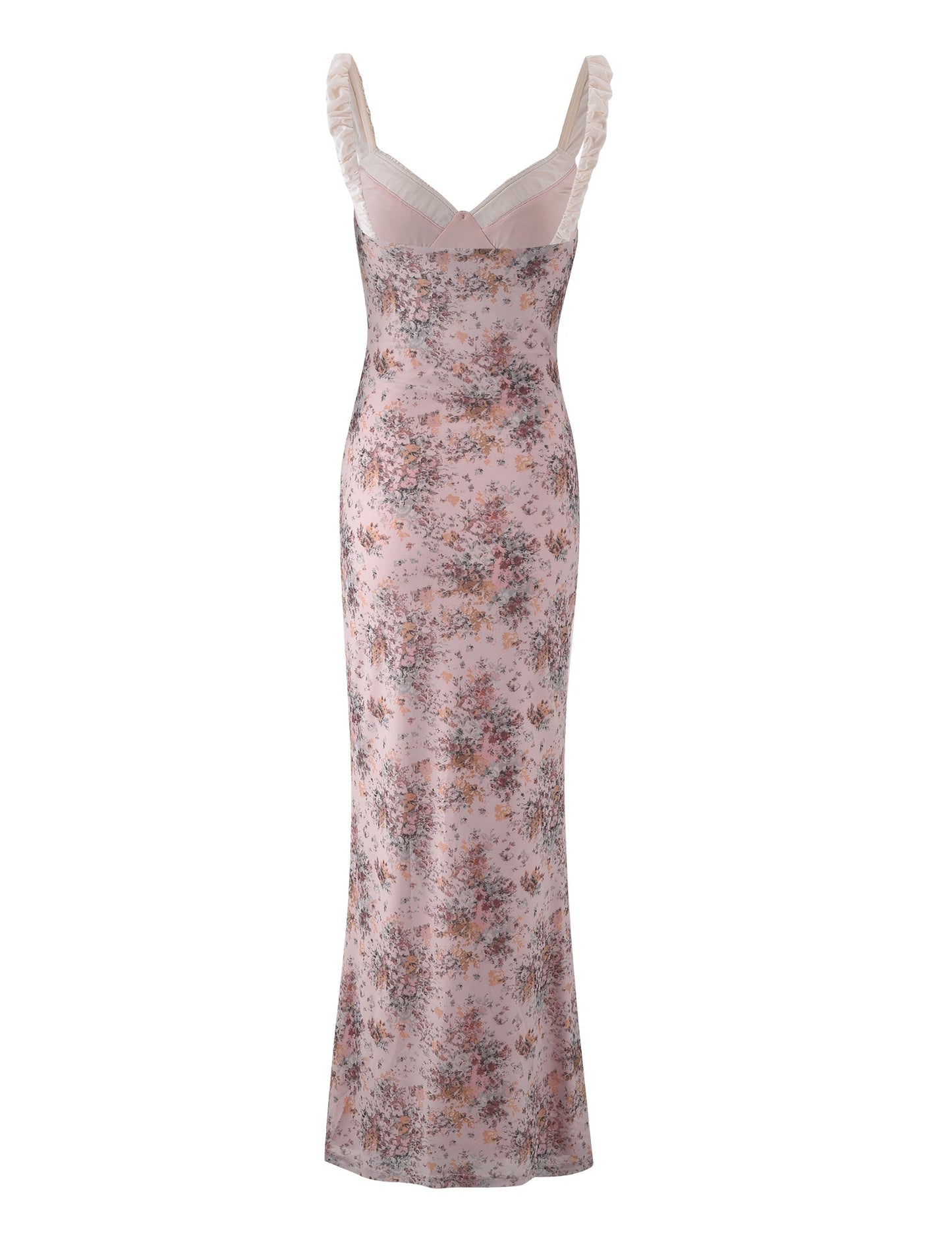 The AMARAN DRESS - PINK : CAMO FLORAL by TIGERMIST is a sleeveless maxi dress with a soft pink camo floral print, sheer ruffled straps, and a fitted bodycon silhouette.