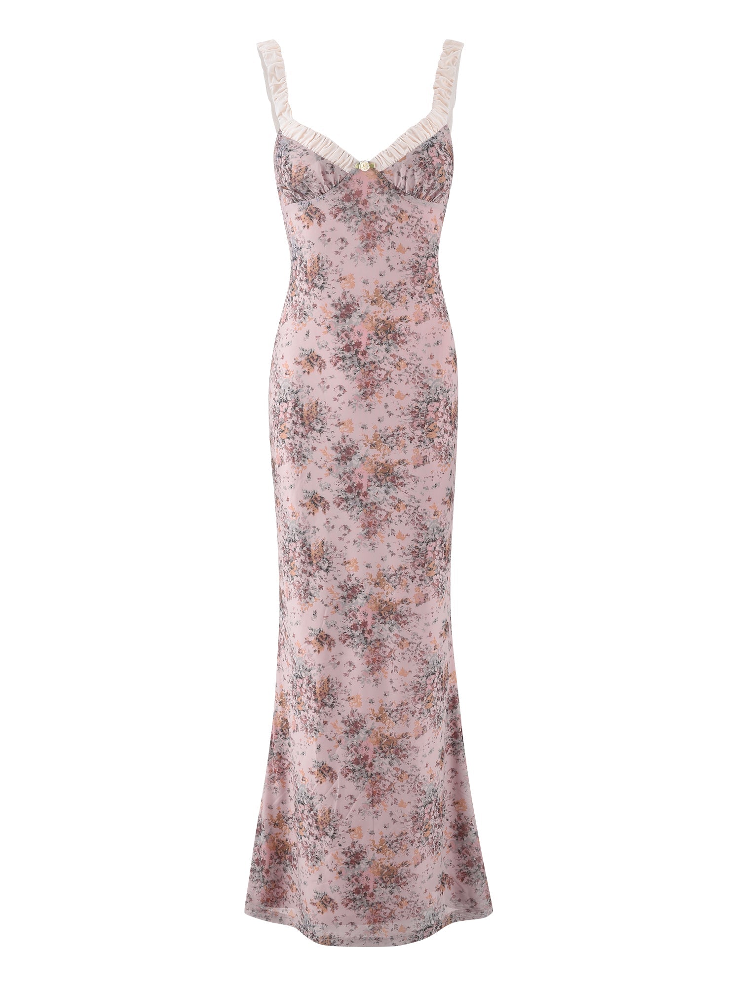 The AMARAN DRESS - PINK : CAMO FLORAL by TIGERMIST is a long, sleeveless bodycon maxi dress with ruffled straps and neckline, featuring a charming pink camo floral vintage-style pattern.
