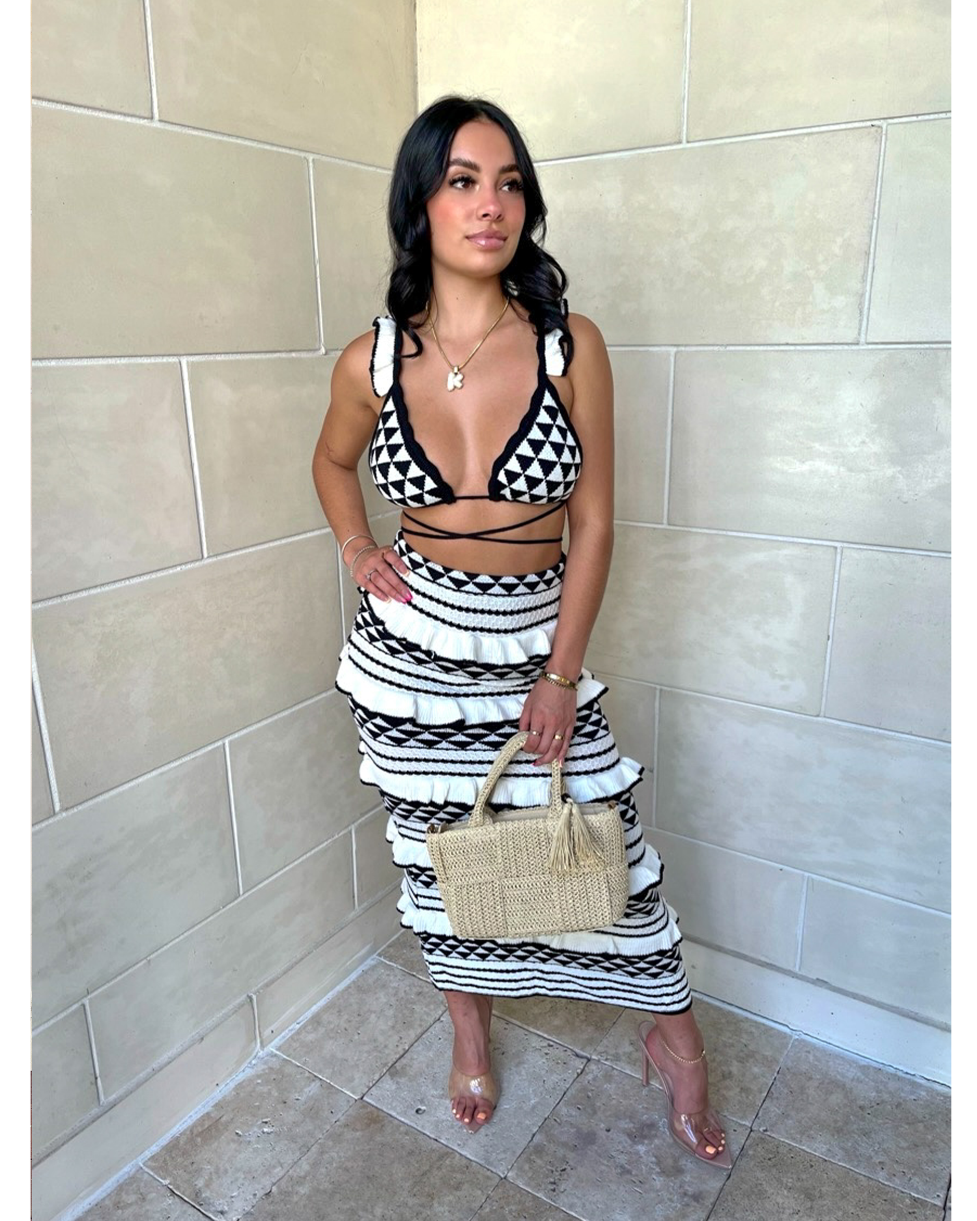Women's Vacation Geometric Knit Bralette and Midi Skirt Set - product image 1