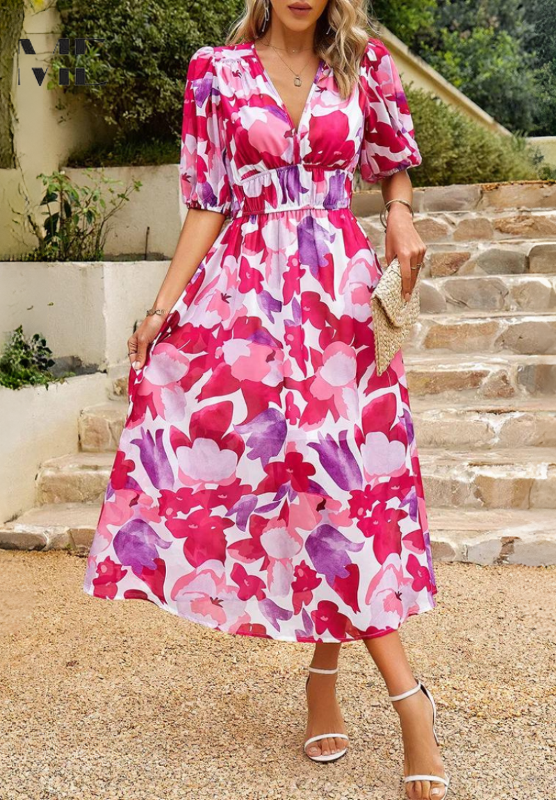 Women's Wedding Guest Floral V Neck Midi Dress