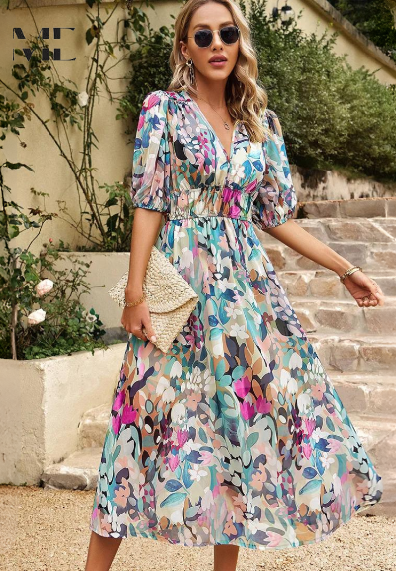 Women's Wedding Guest Floral V Neck Midi Dress