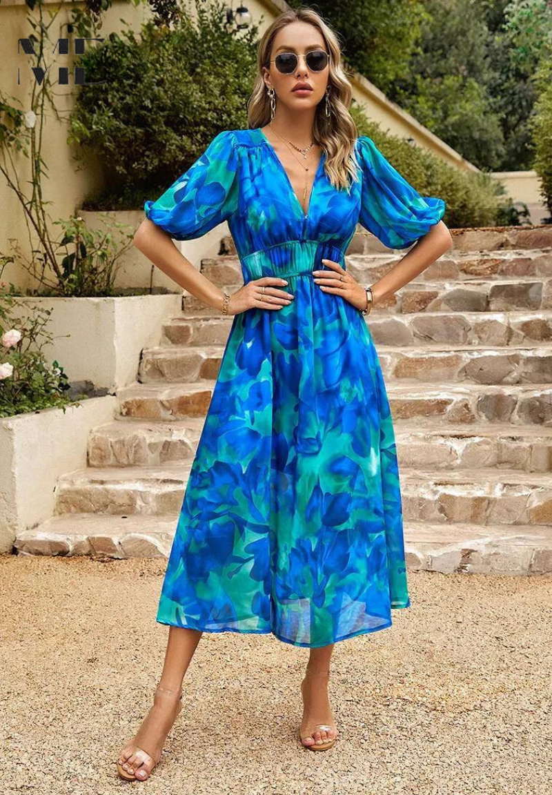 Women's Wedding Guest Floral V Neck Midi Dress