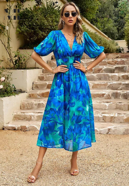 Women's Wedding Guest Floral V Neck Midi Dress