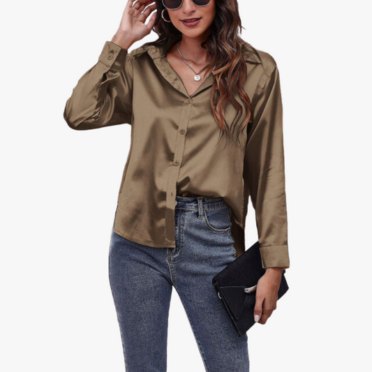 Women's Satin Collared V Neck Long Sleeve Blouse