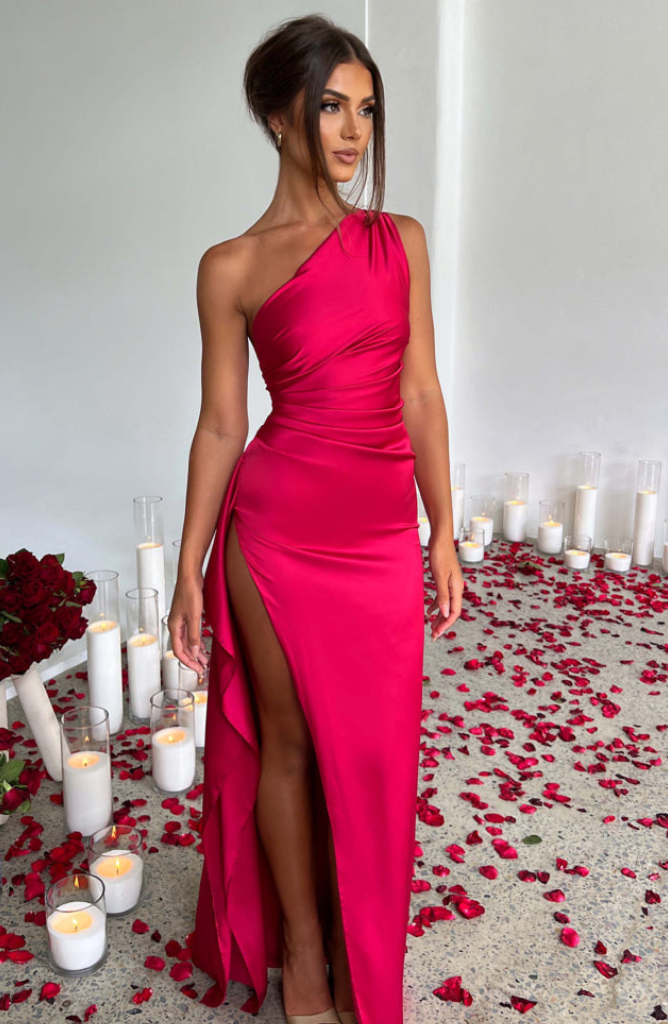 Women's Wedding Guest One Shoulder Satin Maxi Dress