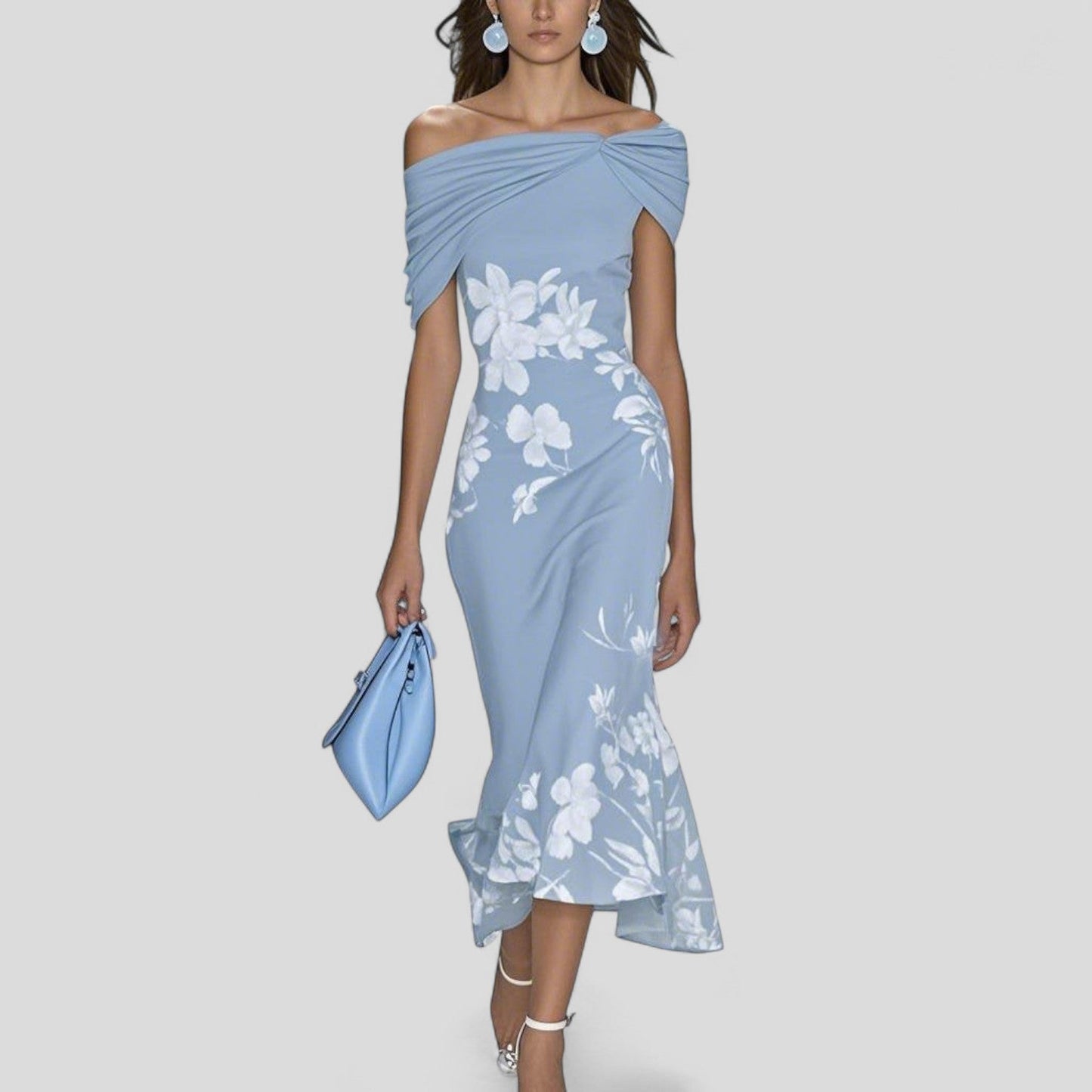 Women's Wedding Guest Floral Off Shoulder Midi Dress