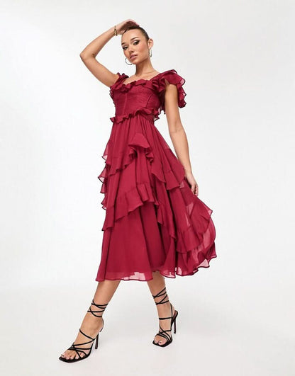Women's Wedding Guest Ruffle Square Neck Midi Dress - product image 2