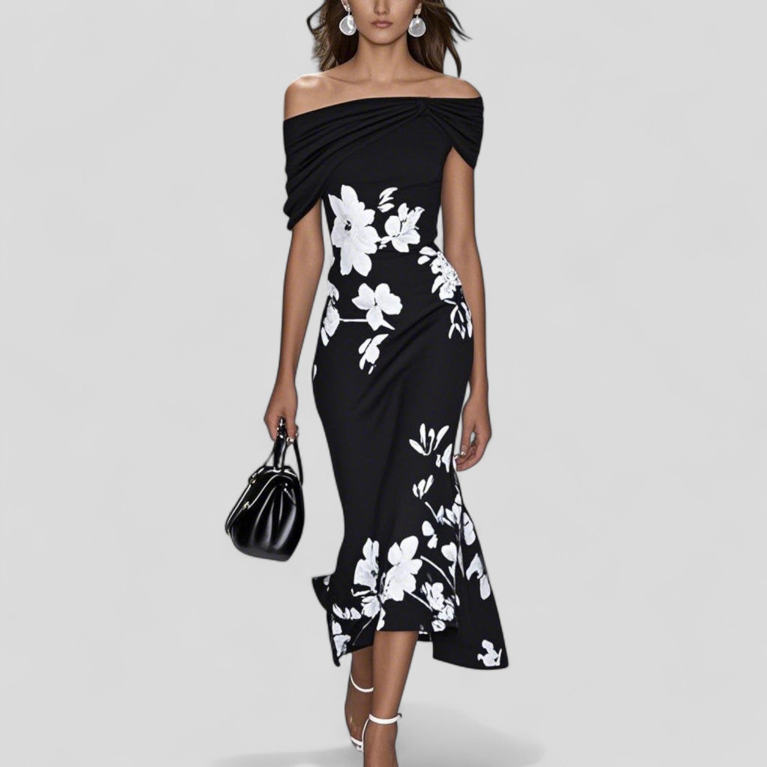 Women's Wedding Guest Floral Off Shoulder Midi Dress