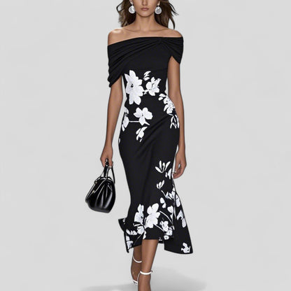 Women's Wedding Guest Floral Off Shoulder Midi Dress