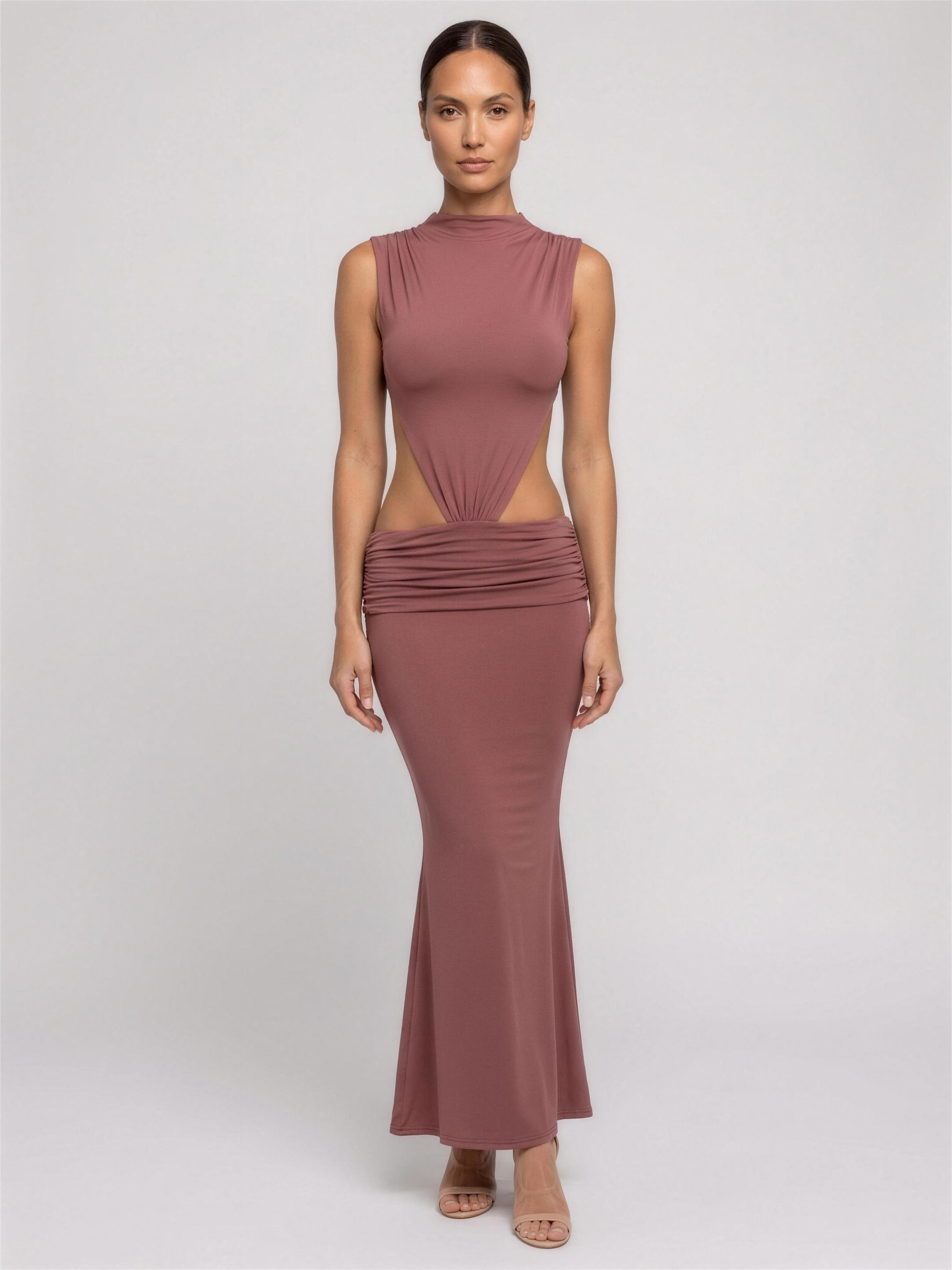 Burnt Orange Cutout Fishtail Maxi Dress - Rose Brown