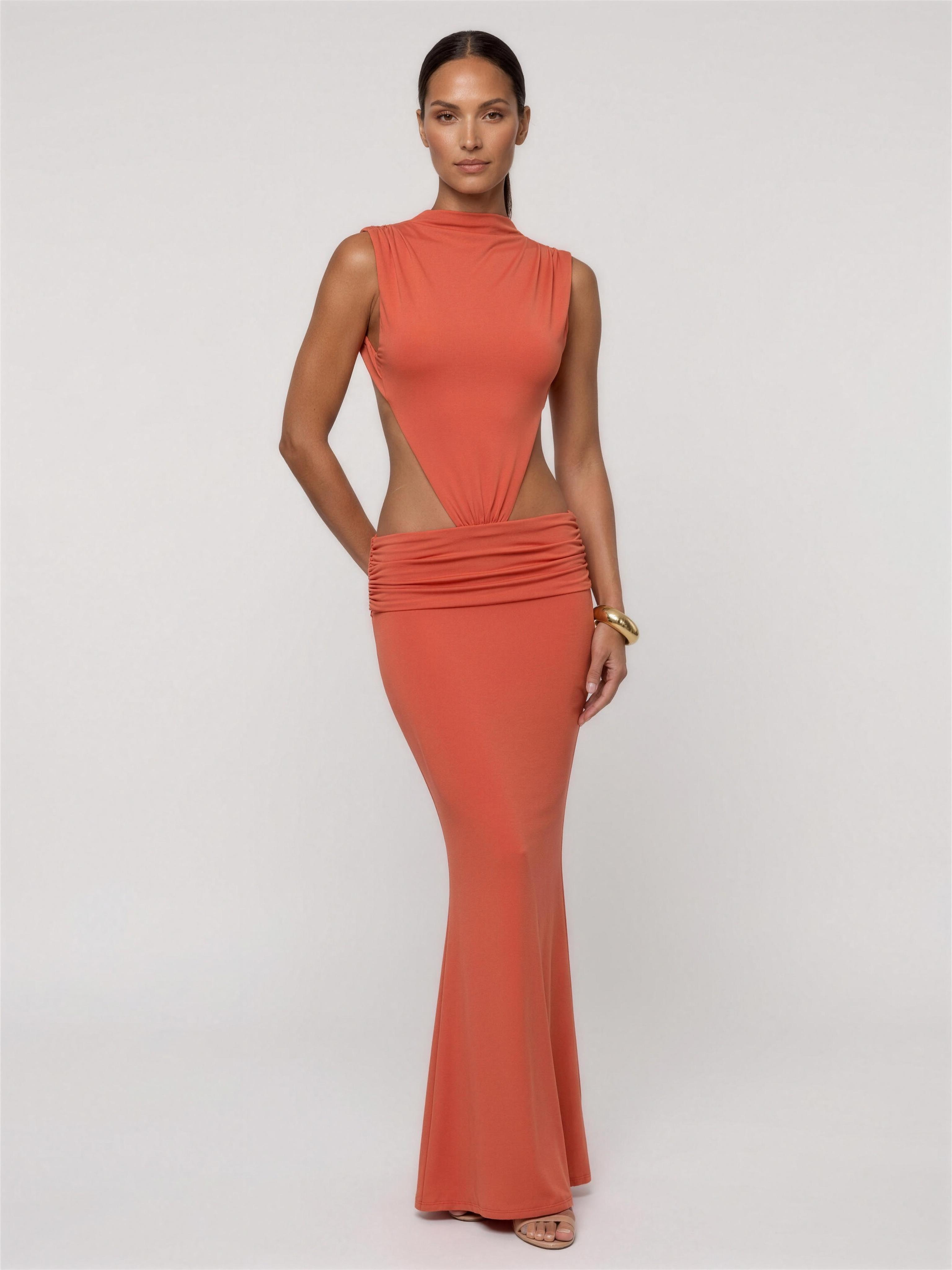 Burnt Orange Cutout Fishtail Maxi Dress - Orange