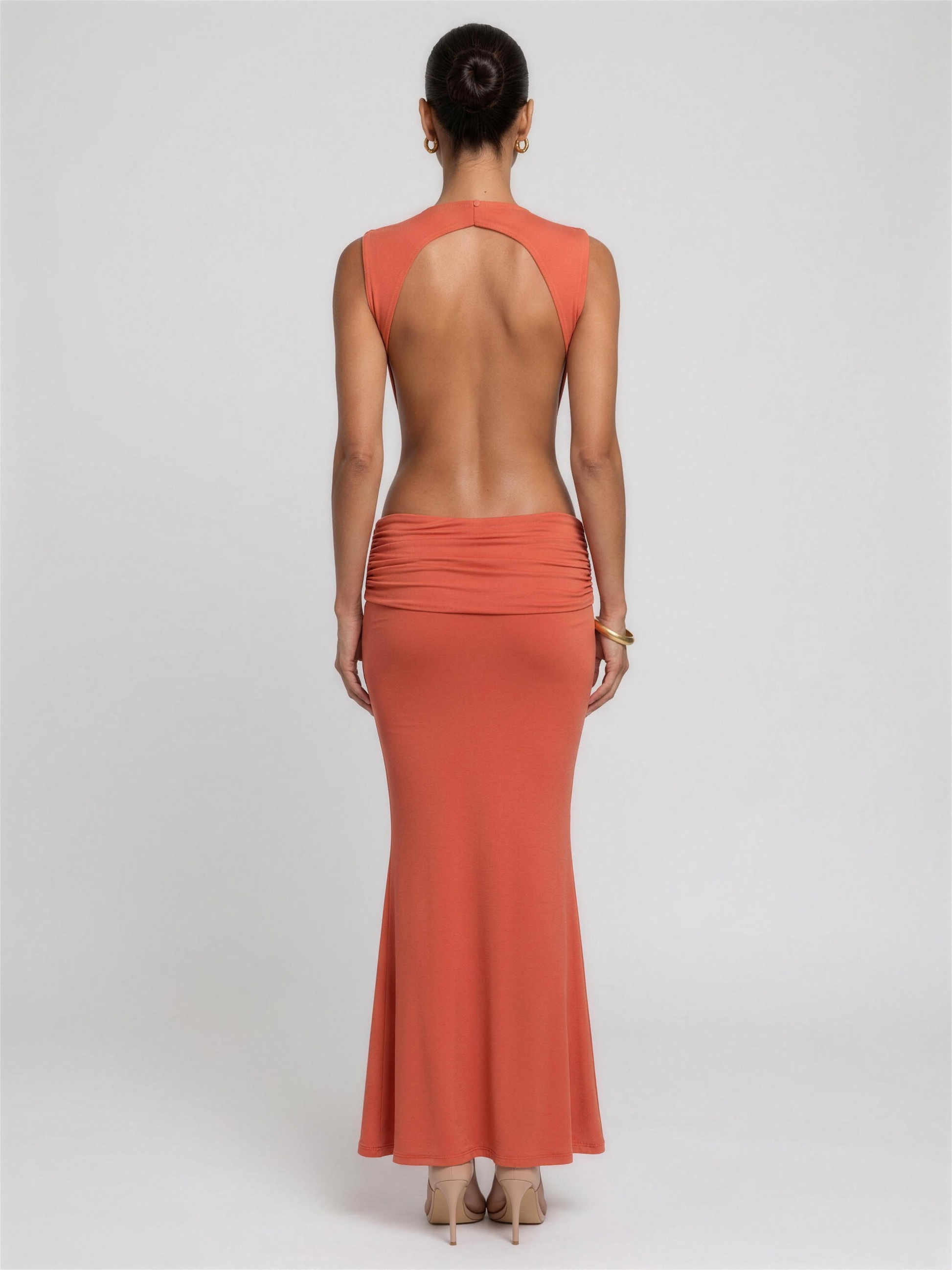 Burnt Orange Cutout Fishtail Maxi Dress - Orange