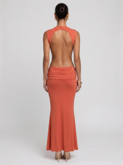Burnt Orange Cutout Fishtail Maxi Dress - Orange