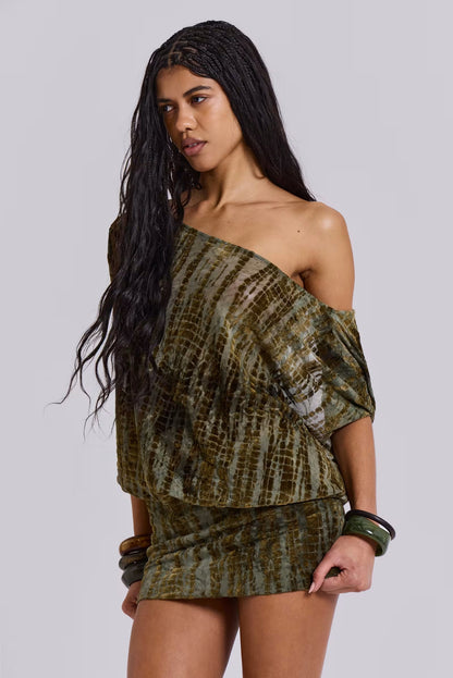 Olive Print Off Shoulder Mini Dress