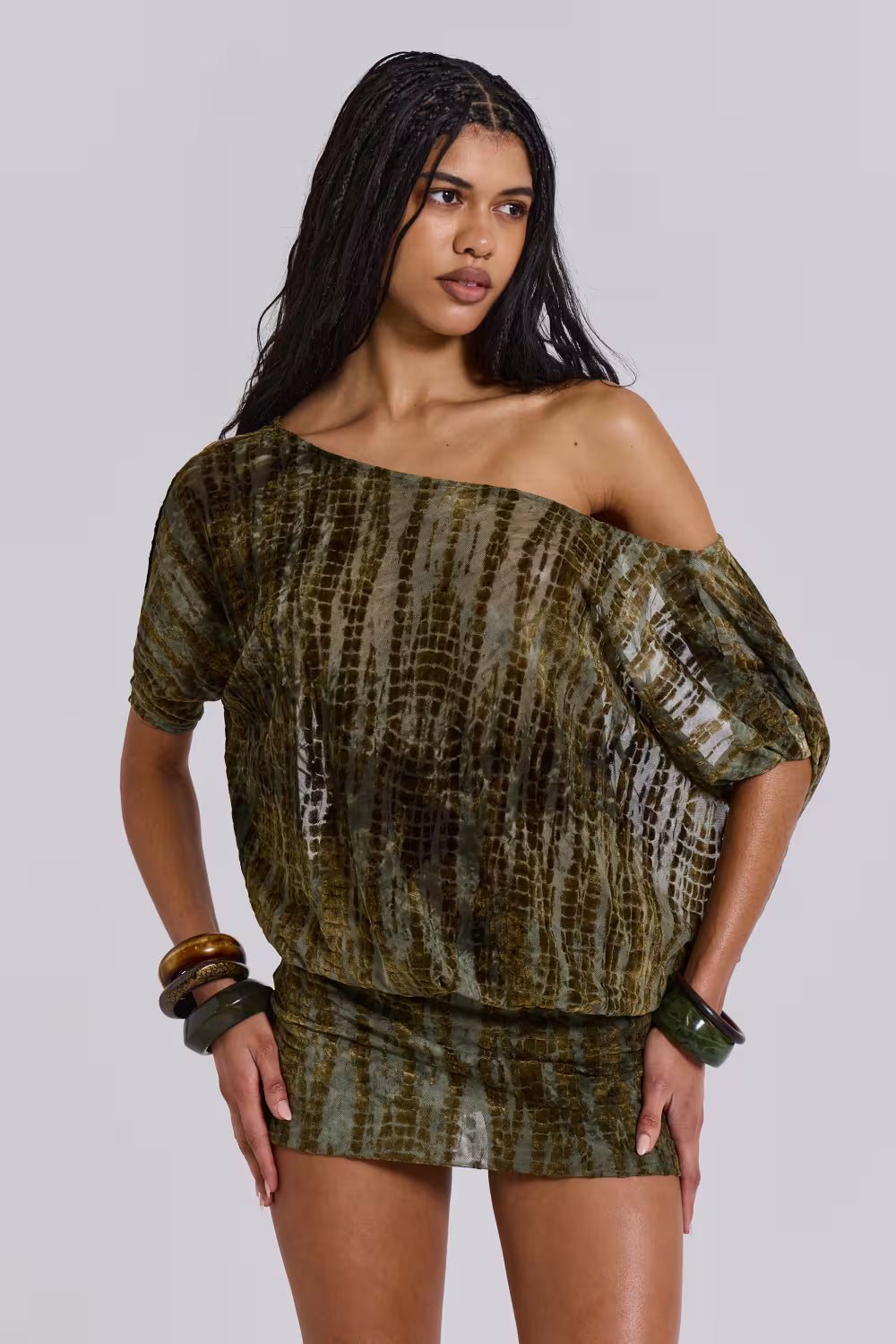Olive Print Off Shoulder Mini Dress