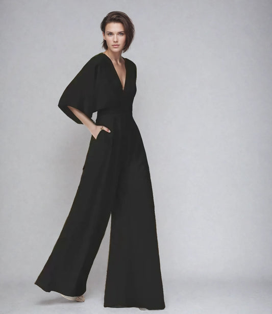 Women's Cocktail V Neck Flutter Sleeve Wide Leg Jumpsuit
