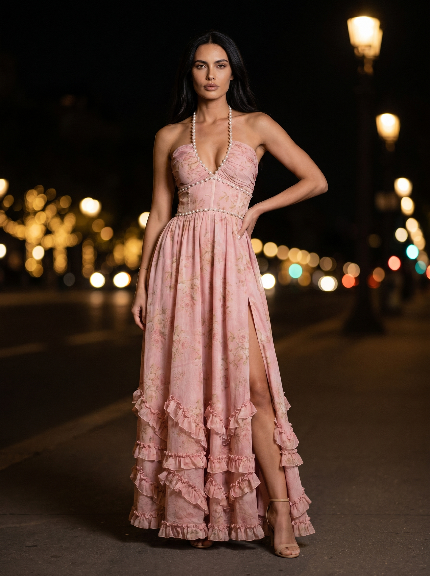 Blue Floral Halter Slit Maxi Dress - Ballet Rose, front
