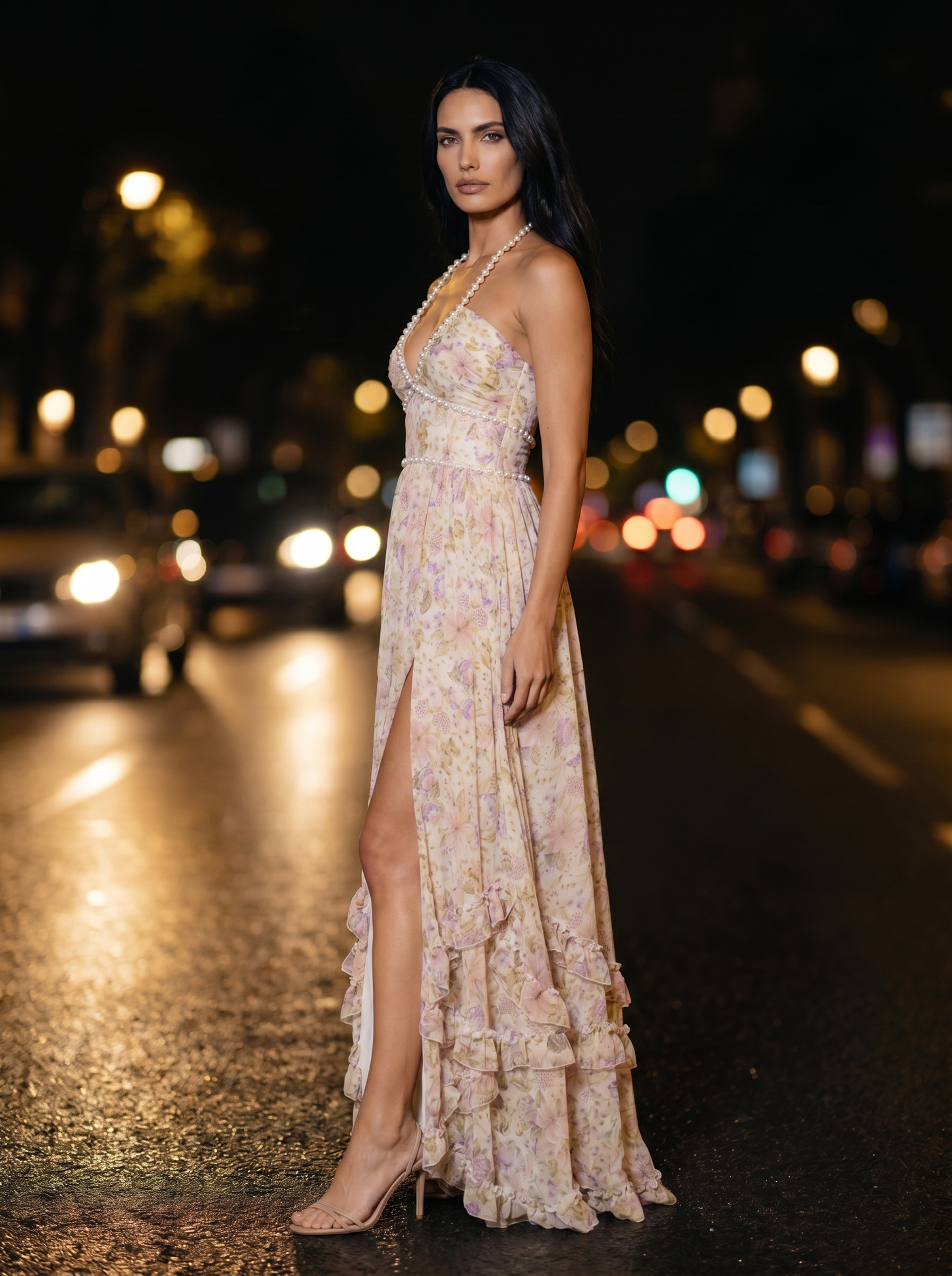 Blue Floral Halter Slit Maxi Dress - Blue