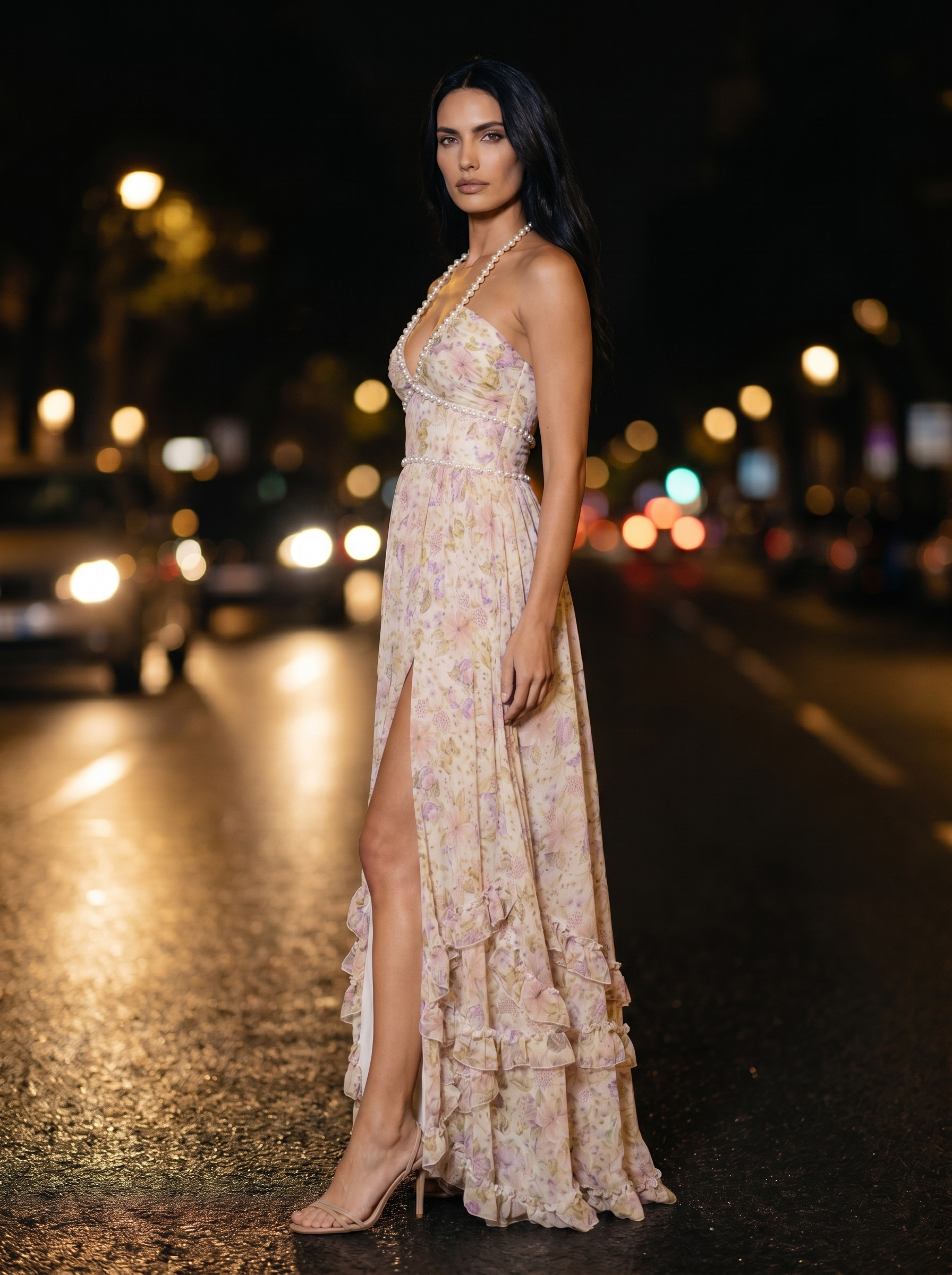 Blue Floral Halter Slit Maxi Dress - Blue