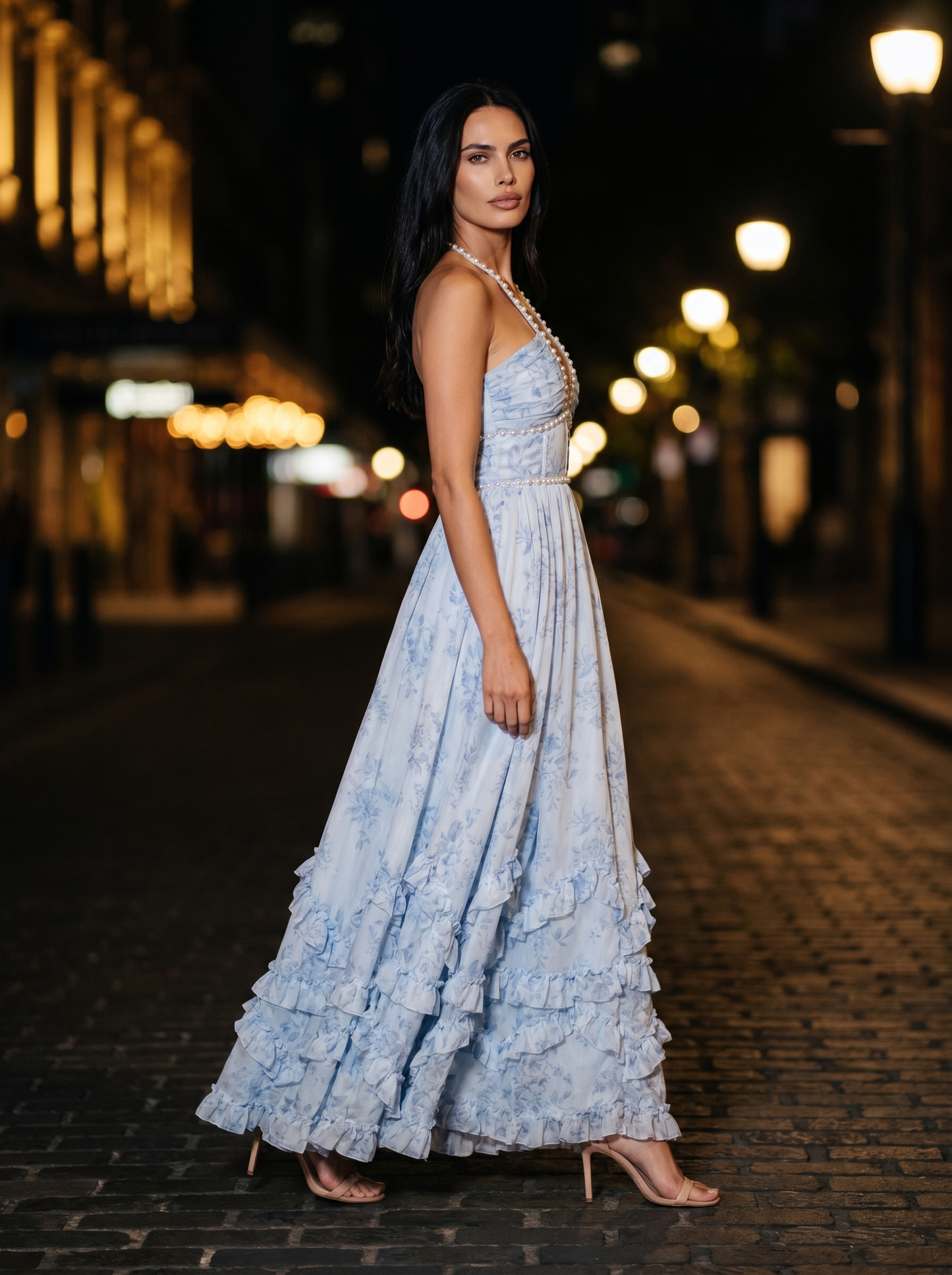 Blue Floral Halter Slit Maxi Dress - Blue, side