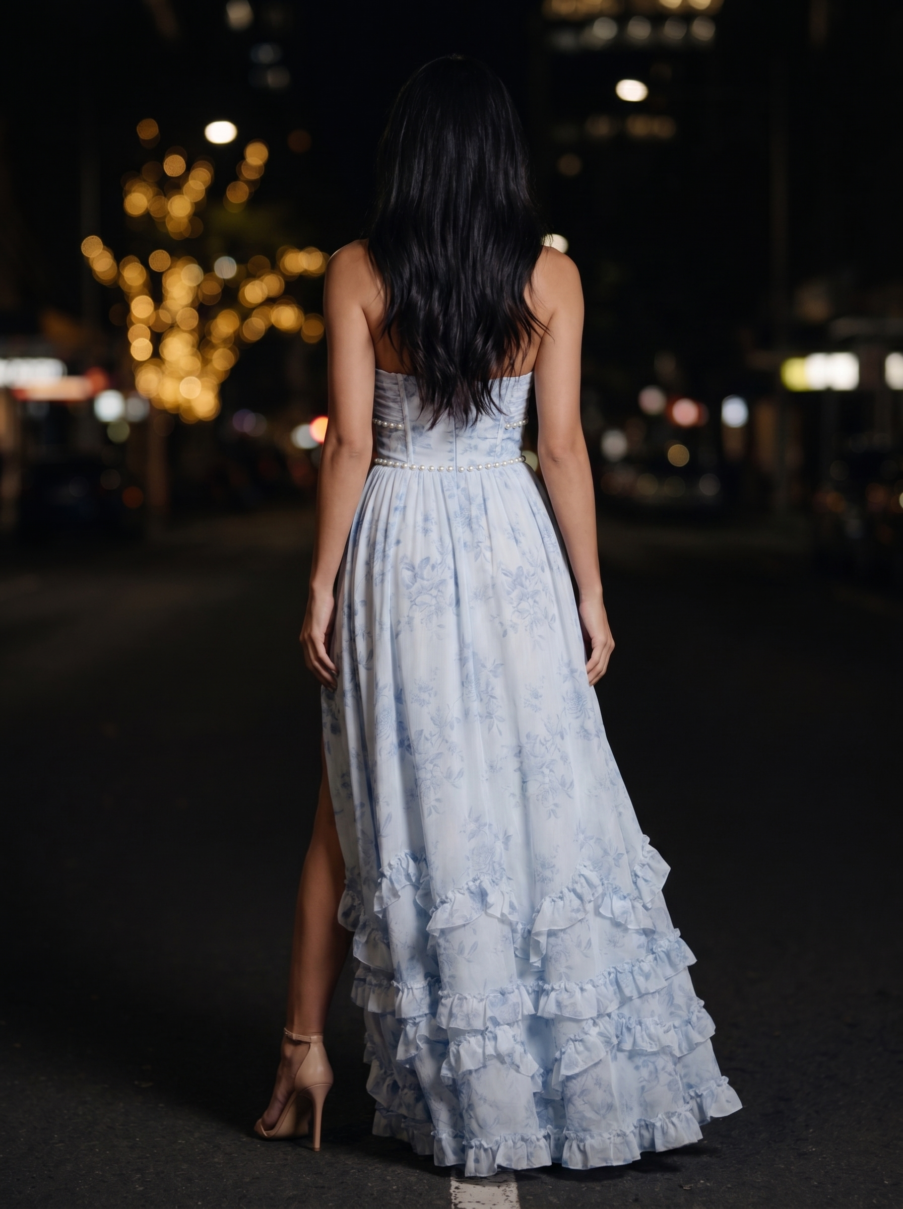 Blue Floral Halter Slit Maxi Dress - Blue, back
