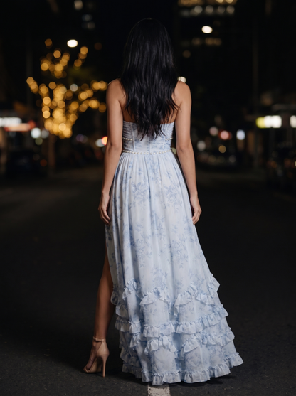 Blue Floral Halter Slit Maxi Dress - Blue, back