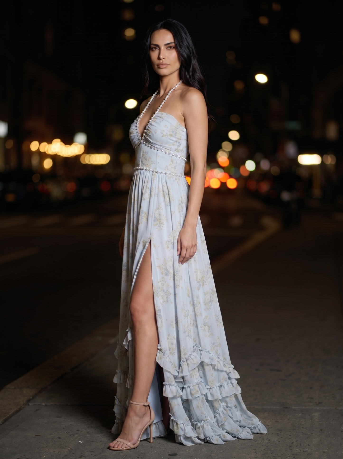 Blue Floral Halter Slit Maxi Dress - Blue, side